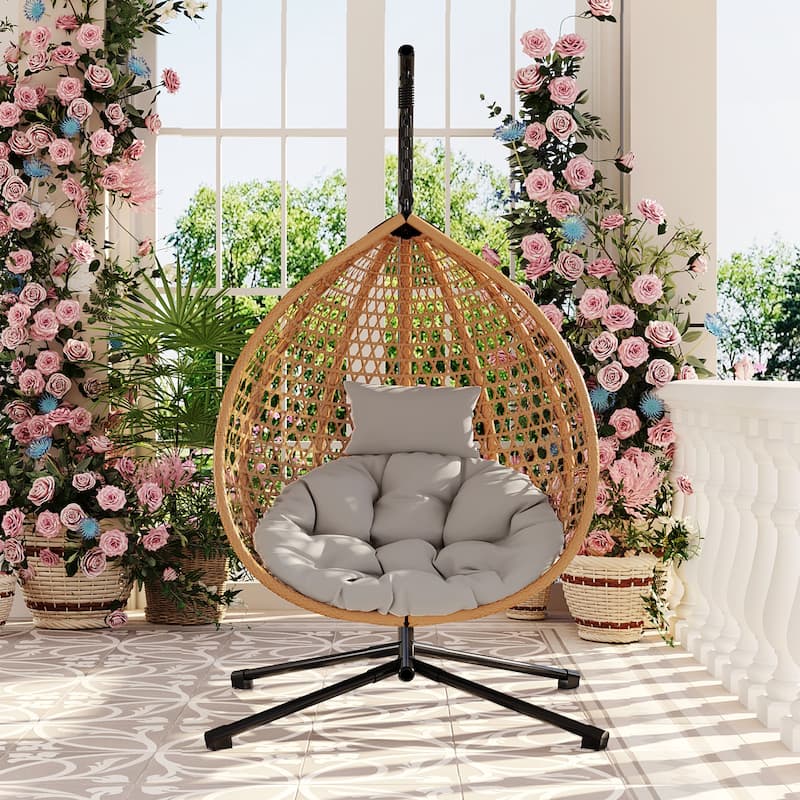 Hammock Chair with Stand - Durable Rattan Egg Chair, Indoor/Outdoor Swing with Removable Cushion for Balcony, Garden