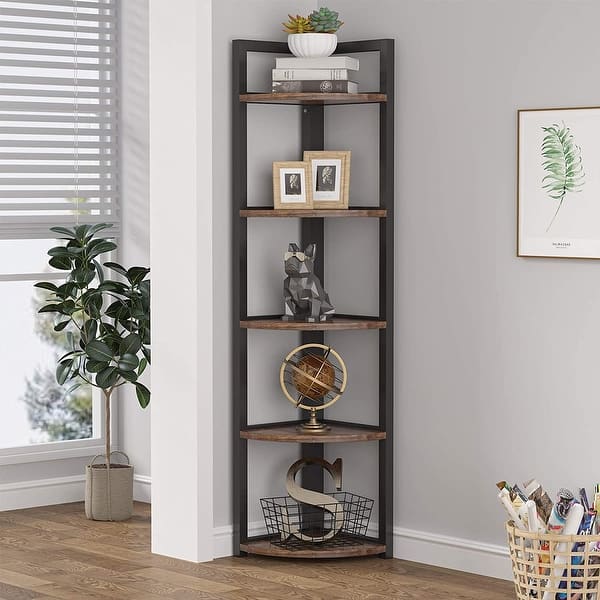 slide 2 of 28, Tribesigns Industrial 5 Tier Corner Shelf/Bookshelf /Bookcase/Plant Stand rustic brown
