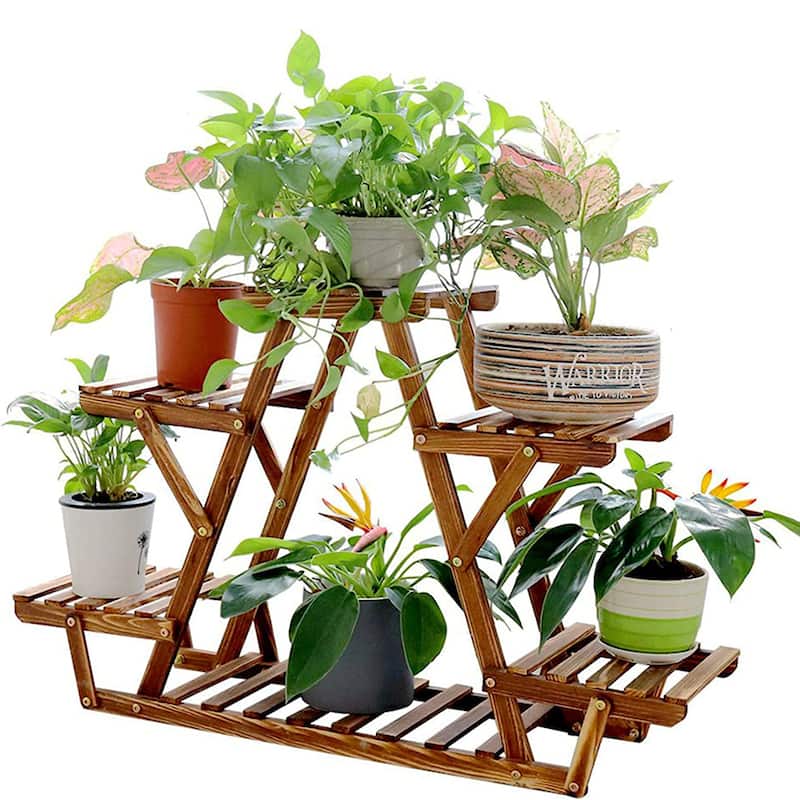 Carbonized Wood Triangle Plant Stand 6 Tiered Corner Plant Rack - W 36.6" x D 10" x H 23"