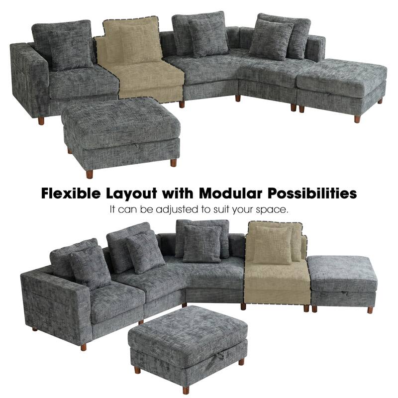 GDFStudio - Modular Chenille 4-Seater 144" Oversized Sectional Sofa with Ottomans