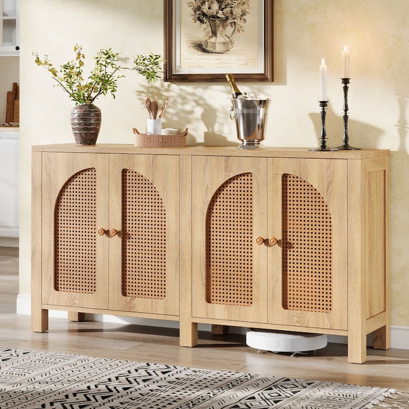 Rattan Credenza Kitchen Storage Buffet Cabinet with 4 Doors
