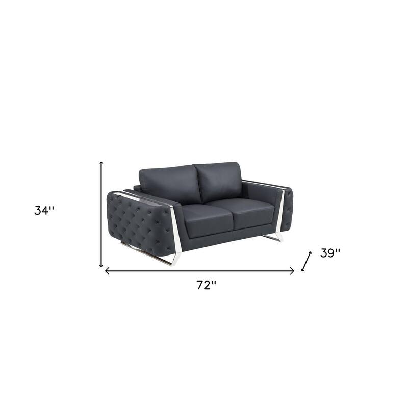 HomeRoots 72" Dark Gray And Silver Genuine Leather Loveseat