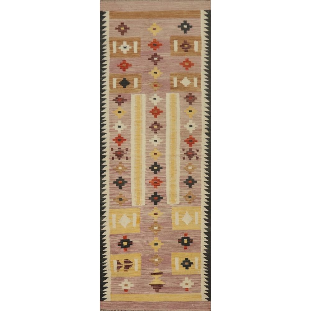 Hand Woven Oriental 100% Wool Carpet Southwestern Tribal Pink Kilim Runner Rug - 9' 9'' X 2' 11''