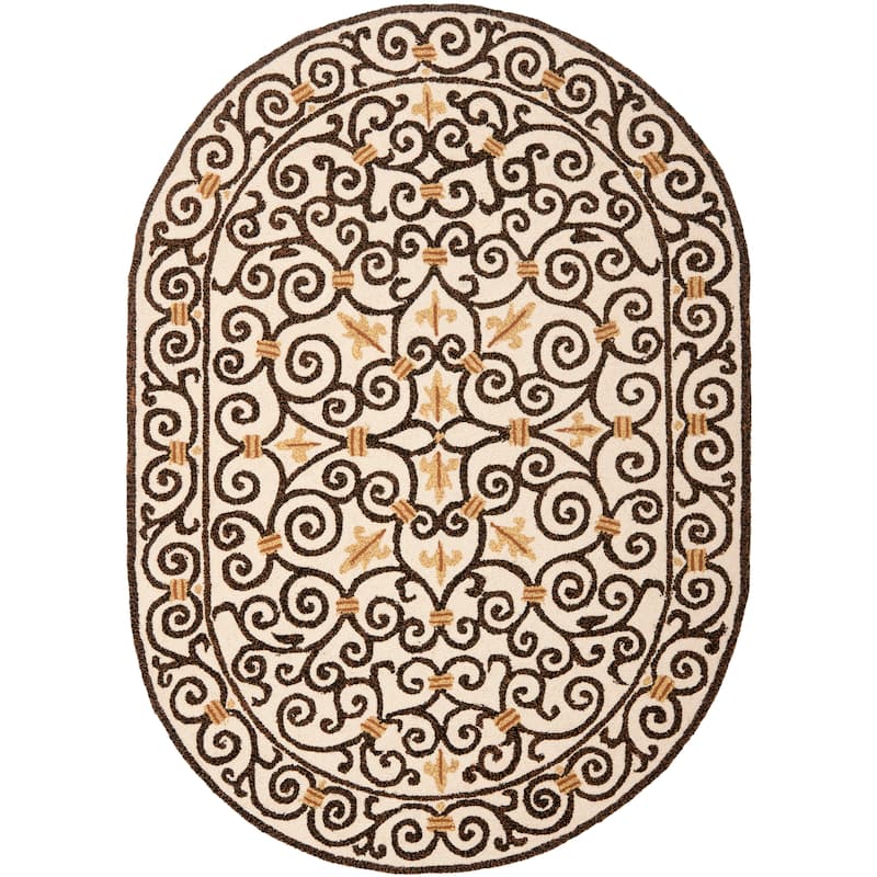 SAFAVIEH Hand-hooked Chelsea Joba Country Oriental Wool Rug - 4'6" x 6'6" Oval - Ivory/Dark Brown - Runner/Oval