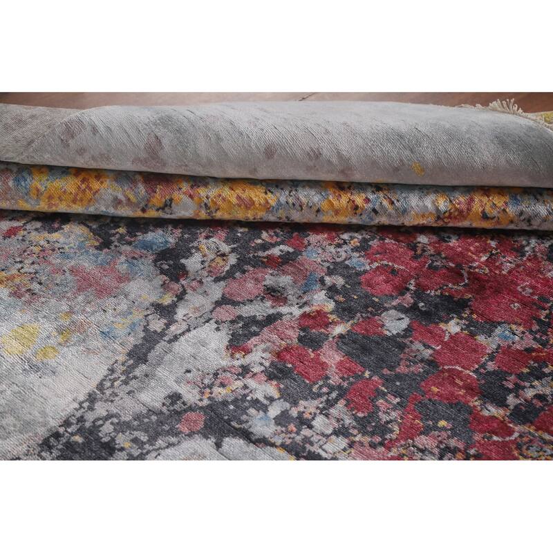 Hand Knotted Oriental 100% Silk Carpet Modern Floral Greys & Charcoal Abstract Area Rug - 10' 3'' X 8' 0''