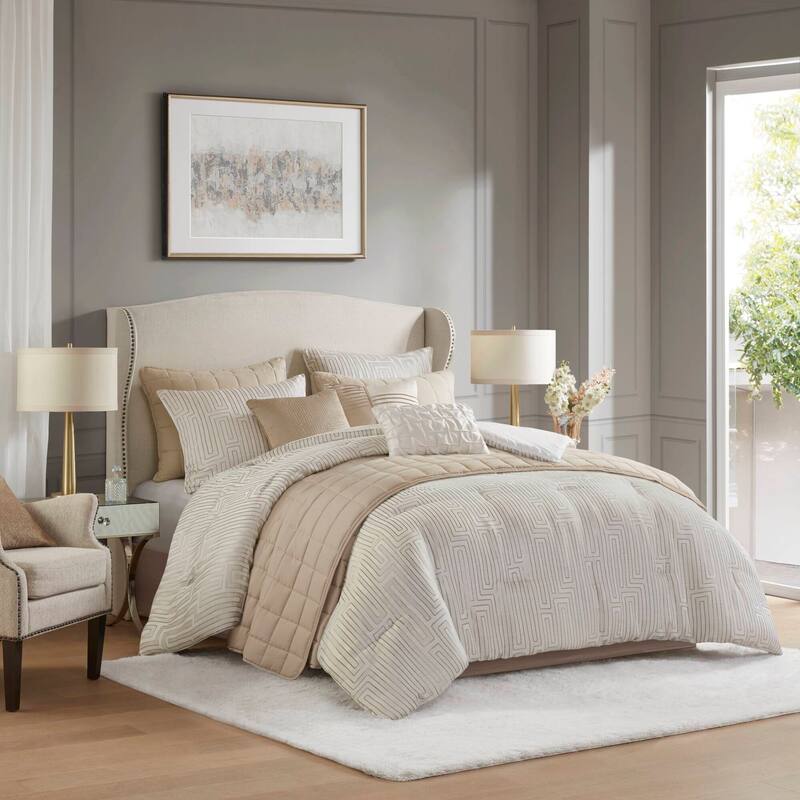 GDF Studio - Averleigh 10-Piece Queen Luxury Jacquard Comforter Set - Ivory (Queen)
