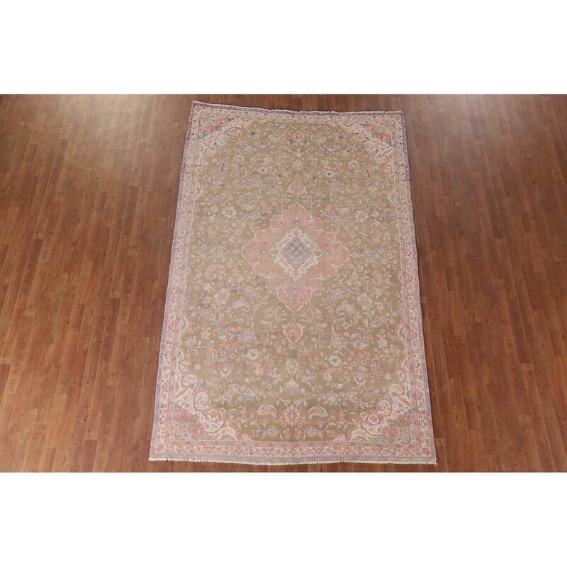 Hand Knotted Oriental 100% Wool Carpet Traditional Floral Green Mashad Area Rug - 9' 7'' X 6' 0''
