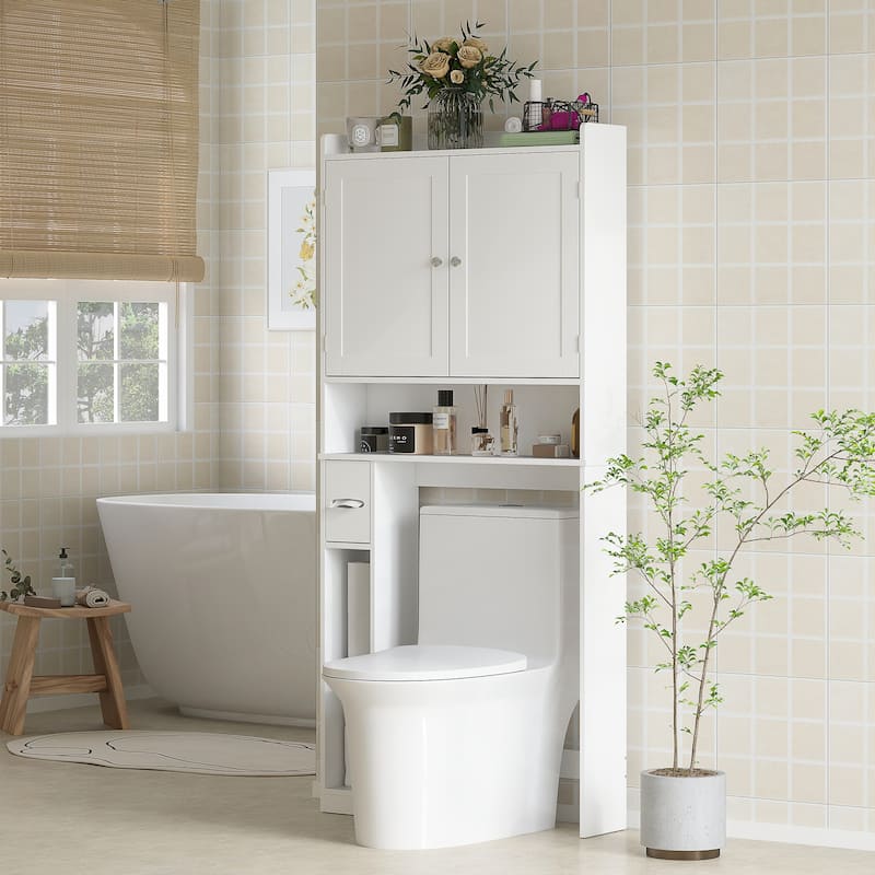 MDF Over Toilet Storage Cabinet with Doors and Adjustable Shelf - 31.5" W x 7.7" D x 66.9" H
