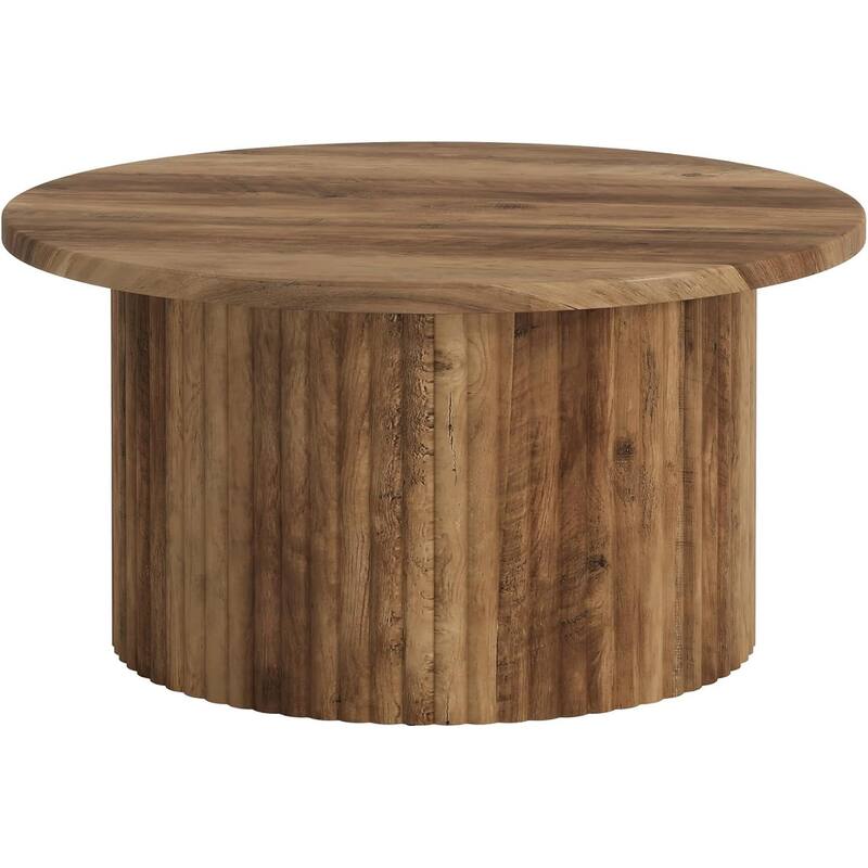 Round Coffee Table, 31.5" Farmhouse Circle Center Table with Fluted Drum Base & Wooden Grain Veneer Top