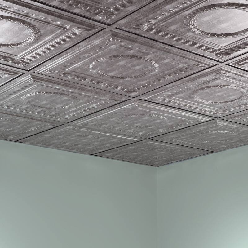 FASÄDE Rosette Decorative Vinyl 2ft x 2ft Lay in Ceiling Panel in Crosshatch Silver (5 Pack)