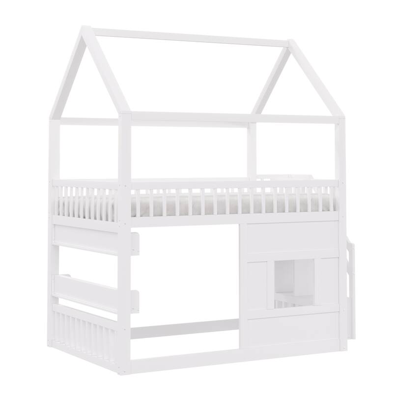 Full Size Wooden House Bed with Built-in LED Shelf Light, Fairytale Loft House-shaped Bed Frame for Children Kids Boys Girls