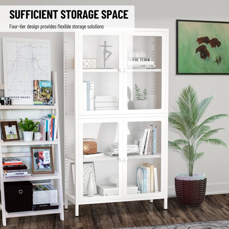 Storage Cabinet with 4 Glass Doors, Modern Sideboard Cabinet with Adjustable Shelves & Steel Feet, Accent Cabinet for Kitchen