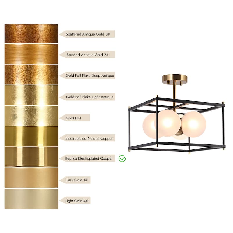 Modern 4-Light Black Gold Chandelier Square Semi Flush Mount Frosted Glass Ceiling Light for Kitchen - L13.5" x W13.5" x H13.5"