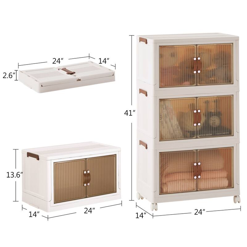 VECELO White PP Plastic Multifunctional Storage Bins with Lid 3/4/5 Tier Stackable Storage Bins with Wheels Magnetic Doors