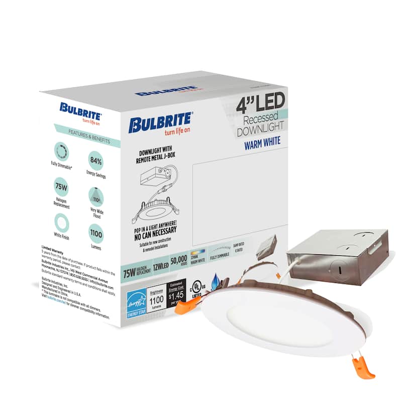 Bulbrite Pack of (4) 12 Watt LED 4" Round Recessed Downlight Fixture with Metal J-Box, 2700 Warm White Light, 1100 Lumens