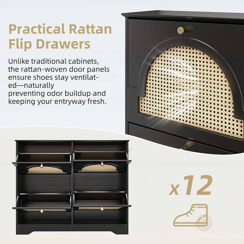 Elegant Entryway Shoe Cabinet with 4 Flip Drawers,with Rattan Doors and Hooks