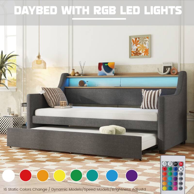 Twin Size Upholstered Daybed with Trundle, Charging Station, LED Lights, and Storage Headboard, Gray