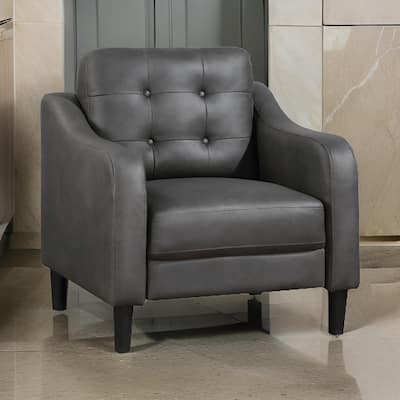 Orry 32 Inch Accent Chair, Tufted Back, Gray Microfiber, Black Solid Wood