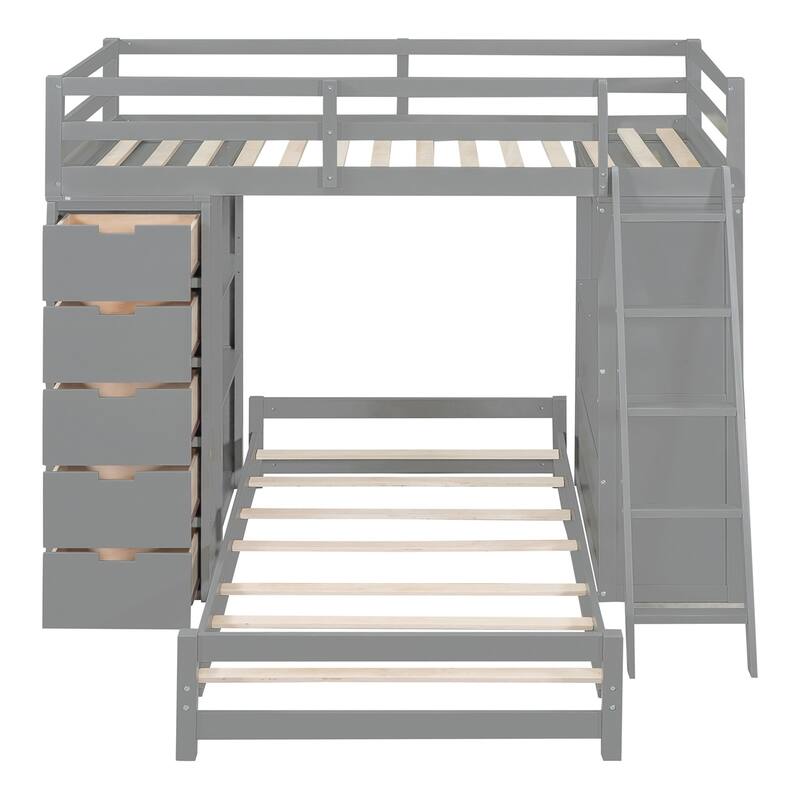 Merax Twin over Twin Bunk Bed with LED Light and USB Ports, 5 drawers