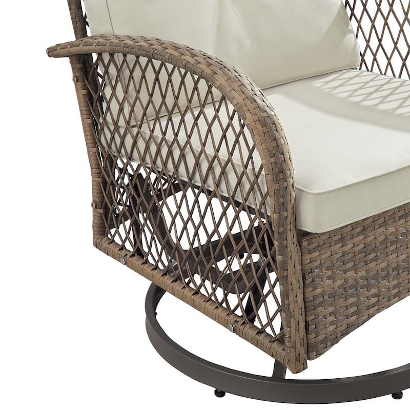 Corvus Helicon 3-Piece Outdoor Wicker Swivel Chat Set with Cushions and Glass Side Table