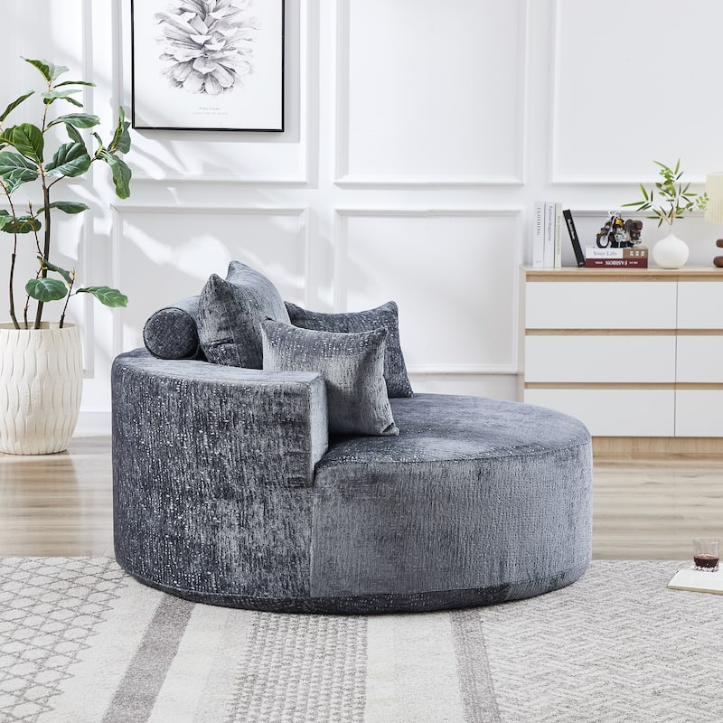 Grey Round Chenille Single Sleeper Sofa with Backrest Pillow