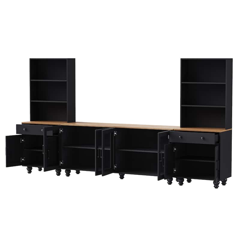 Black + Dark Walnut Farmhouse TV Entertainment Center with Bookshelves and Tempered Glass Doors for TVs Up to 70"