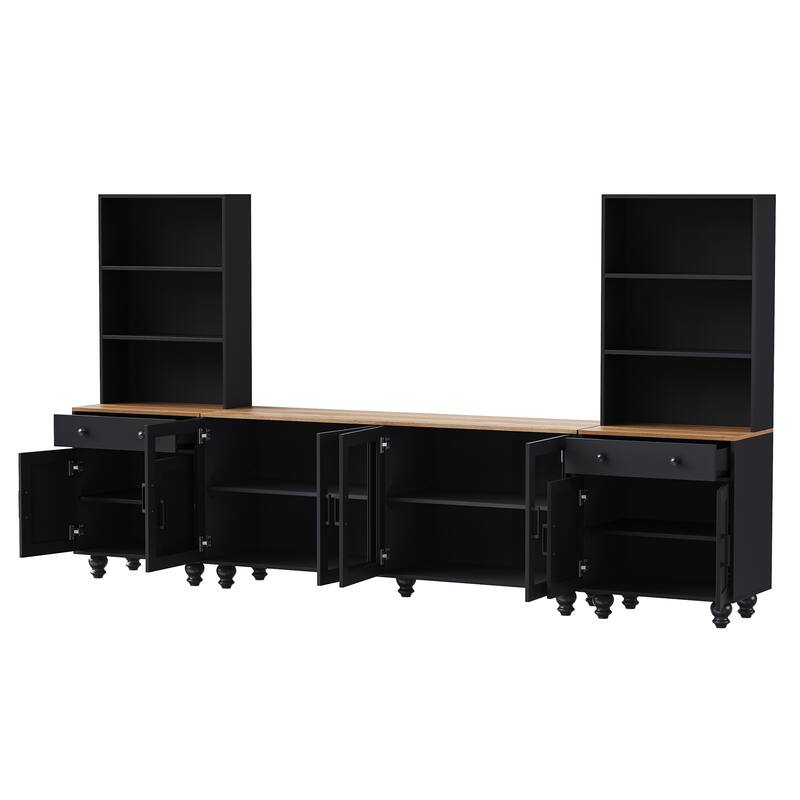 TV Stand with Gourd-Shaped Legs for TVs Up to 70",Entertainment Center with Bookshelves & Glass Doors,Adjustable Shelves