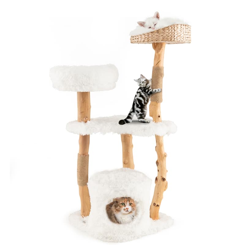 Solid Wood Cat Tower with Top Cattail Basket Cat Bed for Indoor Cats-White - Natural-White - 19" x 19" x 49"