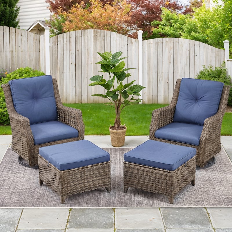 Pocassy Patio Swivel Glider Chairs with Ottoman and Table - Blue Cushion - Grey Wicker - 4-Piece Swivel Chair with Ottoman
