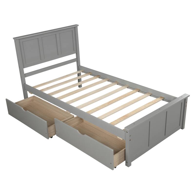 Twin Size Gray Platform Storage Bed with 2 Drawers on Wheels