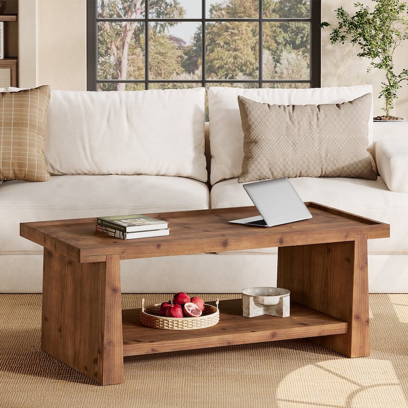 47" Solid Wood Coffee Table with 2-Tier Storage for Living Room