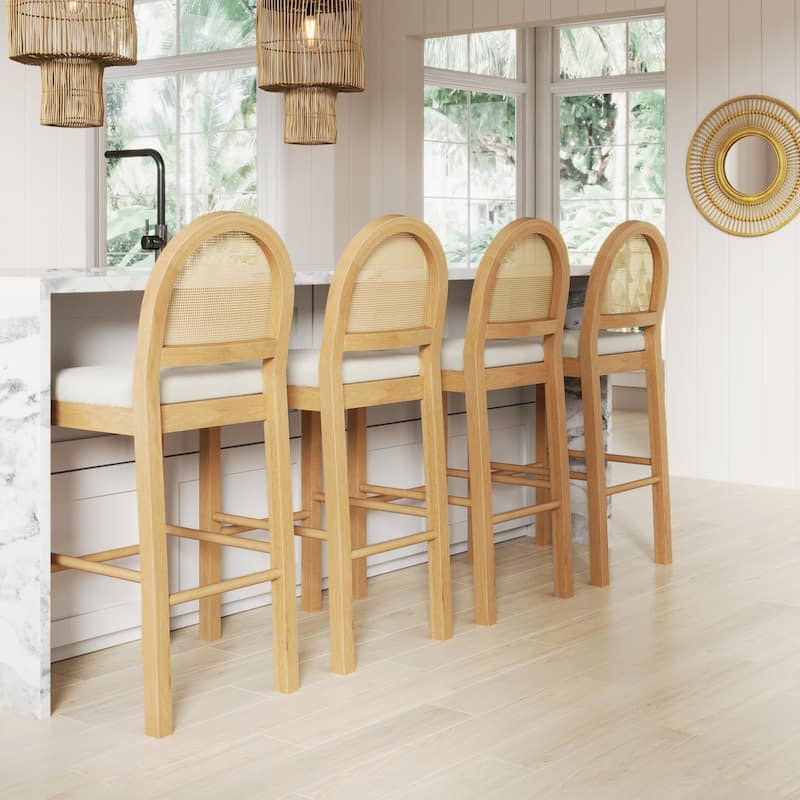 Bailey Boucle Upholstered Rattan Bar Stool or Counter Height Stool with Natural Rattan Woven Back For Kitchen Island - Set of 4 - Cream/Warm Pine - Bar Height