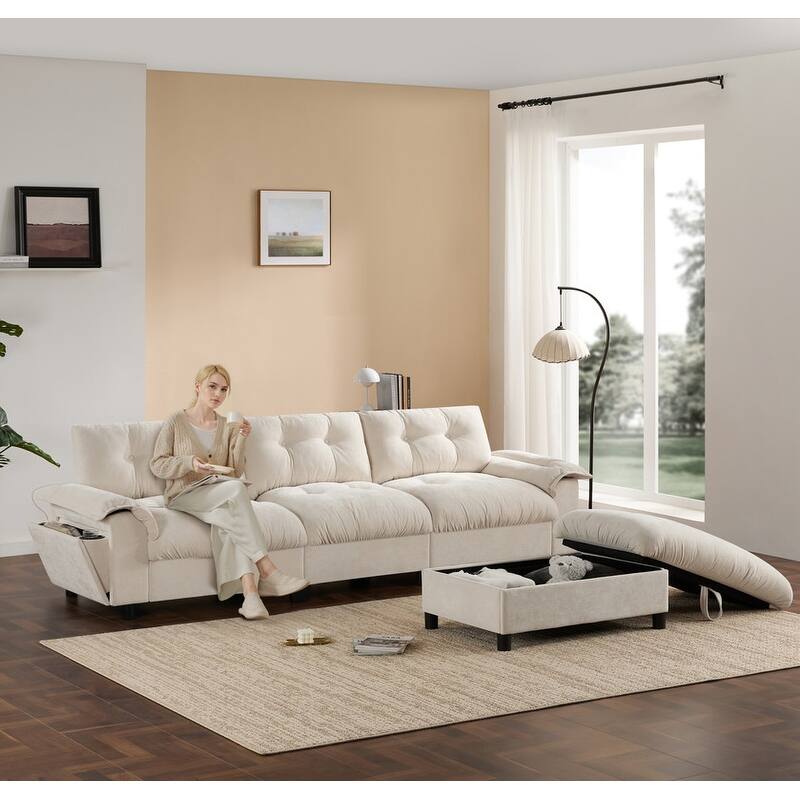 104*60" Sectional Sofa, L-Shape with Multifunctional Armrest, Dual-Port Charging, Cup Holder