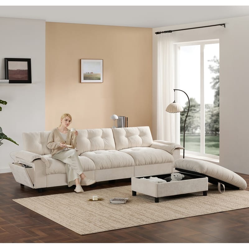 104*60" Sectional Sofa, L-Shape with Multifunctional Armrest, Dual-Port Charging, Cup Holder