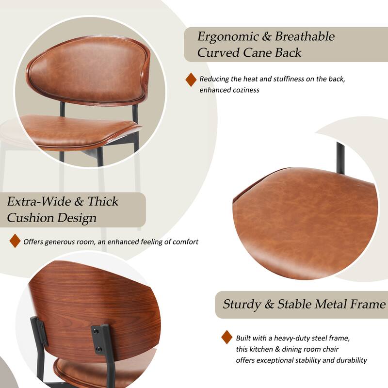 Mid-Century Modern Dining Chairs Set of 2 - Italian-Inspired Bentwood Design with Matte Metal Legs & Luxe PU Leather Seating