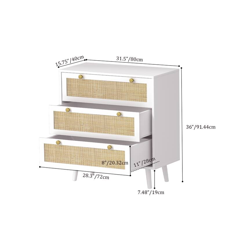 Anmytek Mid-Century Modern 3-Drawer White Dresser Rattan Chest of Drawers Storage Organizer for Bedroom