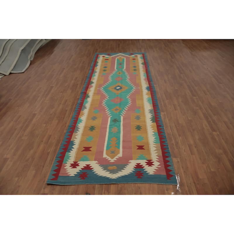 Hand Woven Oriental 100% Wool Carpet Southwestern Tribal Multi-Colored Kilim Runner Rug - 14' 6'' X 4' 9''