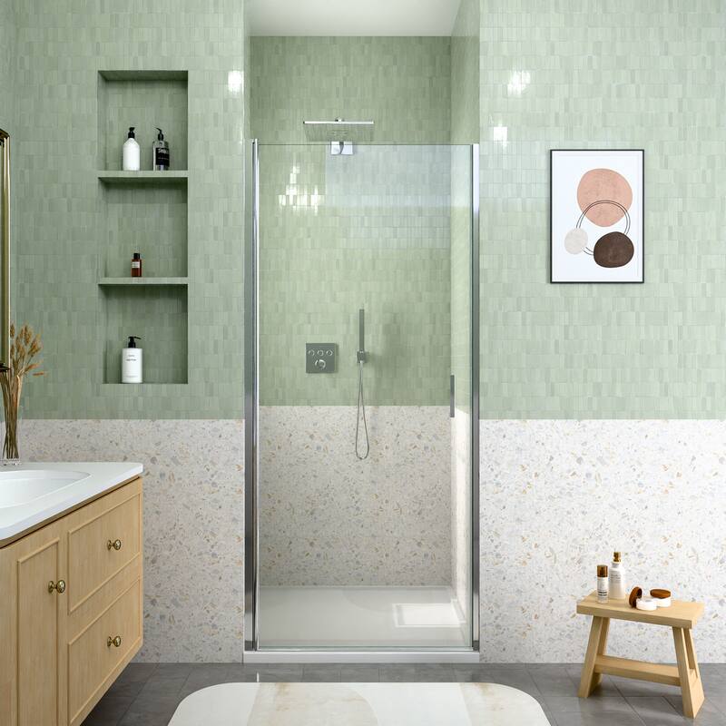 GDFStudio - Modern America Design Semi-Frameless Circular Pivot Shower Door with 1/4" SGCC Tempered Glass & Magnetic Soft-close - 34" W x 72" H - Chrome