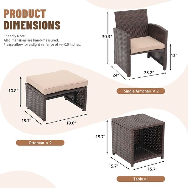 dimension image slide 1 of 3, 5-Piece Outdoor Wicker Patio Furniture Set, PE Rattan Conversation Set with 2 Armchairs, 2 Ottomans, 1 Side Table & Cushions
