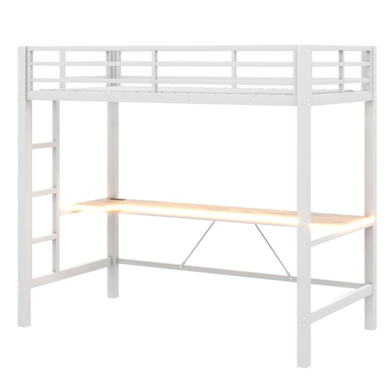 Twin Size Metal Gaming Loft Bed with LED Lights, USB Charging Station and Desk