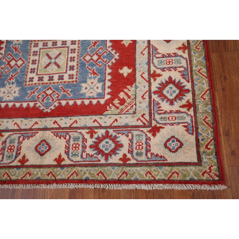 Geometric Red Kazak Runner Rug Hand-Knotted Hallway Wool Carpet - 3'11" x 13'4"
