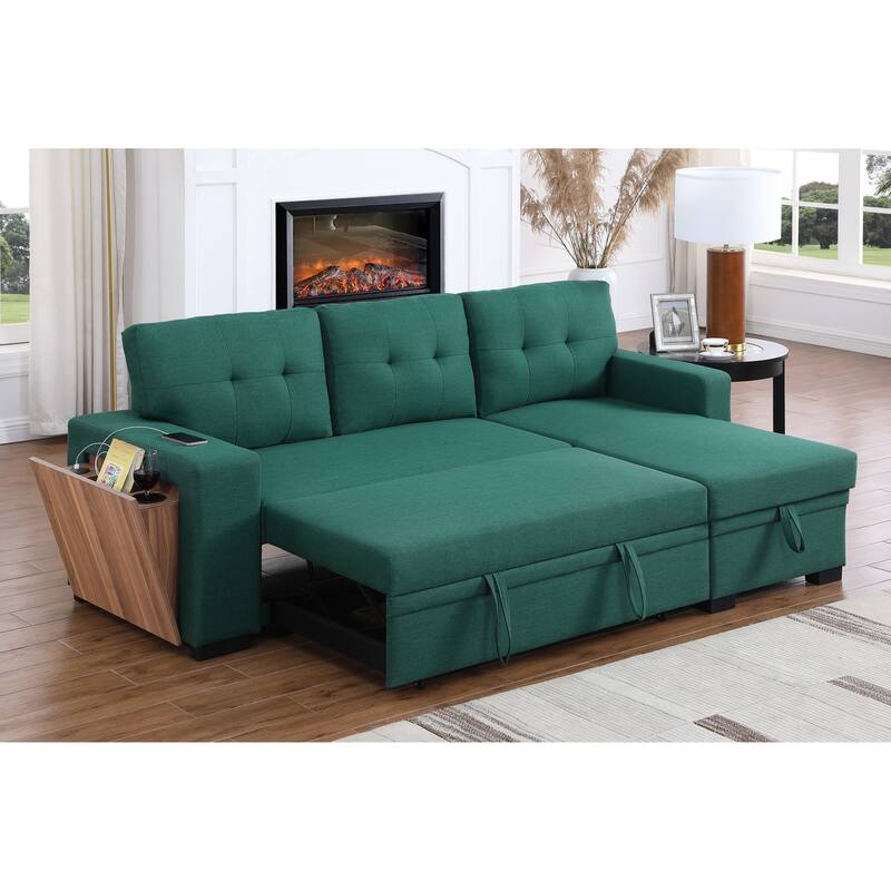 Green L - Shaped Wooden Accent Sofa With Storage Space