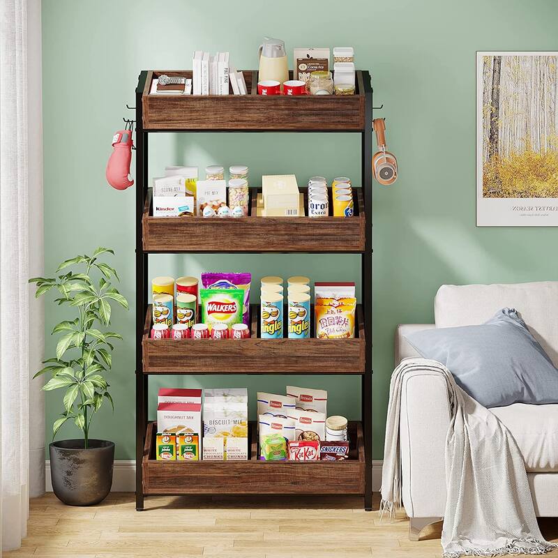 4-Tier Wood Fruit Vegetable Storage Rack Stand Stackable Fruit Basket Organizer Rack for Kitchen