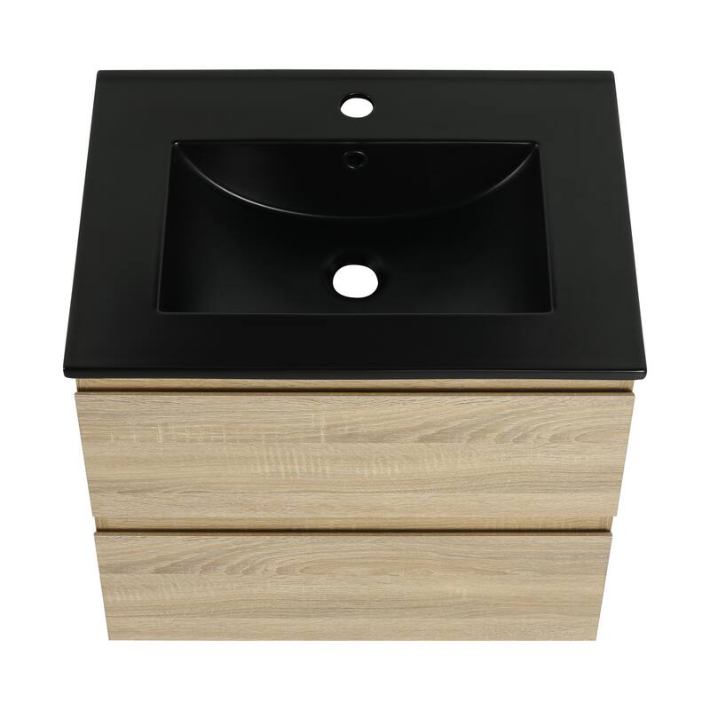 Modern 24" Floating Bathroom Vanity with Black Ceramic Basin, Soft-Close Drawers, Water-Resistant Melamine Surface
