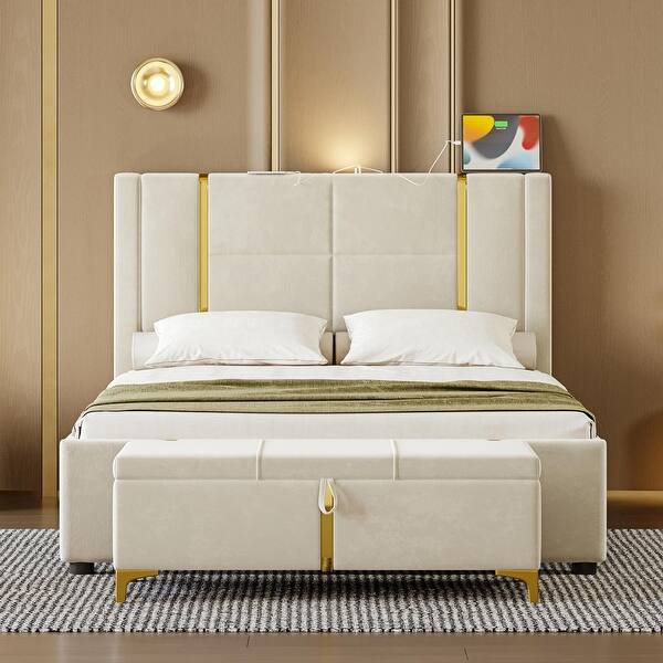 slide 2 of 18, 2-Pieces Bedroom Sets,Queen Size Platform Bed w/ Trundle Bed, 2 Drawers,Night Light & USB Charge,Storage Ottoman, Beige Beige