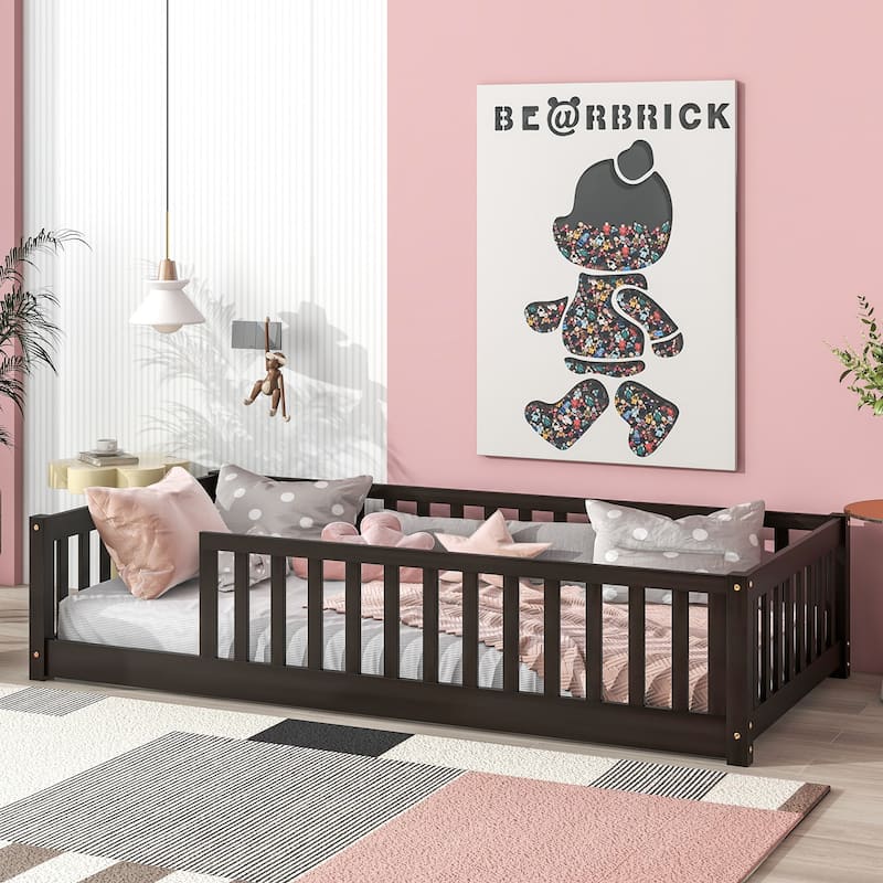 Rubber Wood Twin Size Floor Bed with Fence without Door