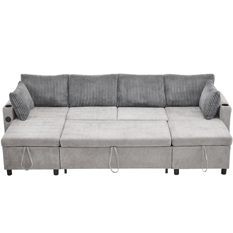 Corduroy L-shaped Sofa Sectional Sofa with 2 USB Ports and 2 Power Sockets, Storage Drawer Settee for Living Room