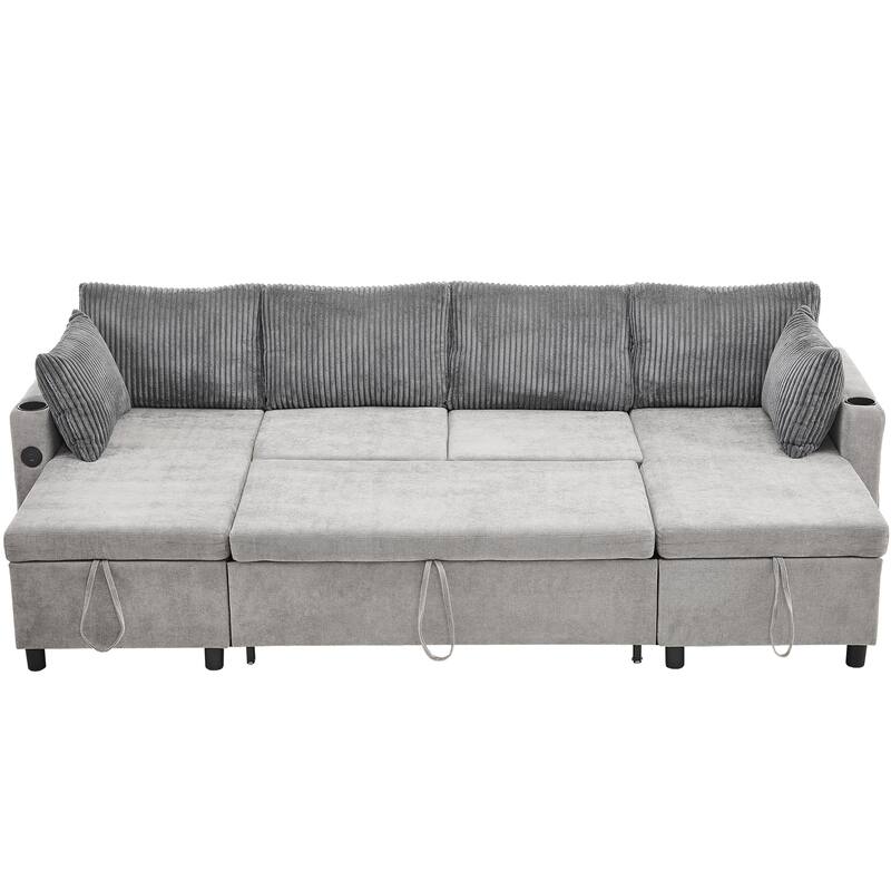Multifunctional Sectional Sofa Bed with Pull-Out Sleeper, Dual Storage Chaises, USB Ports and Cup Holders for Living Room