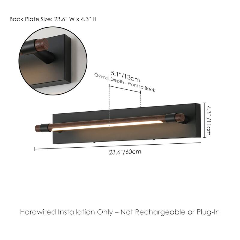23.6" W Modern Rotatable Linear LED Dimmable Wall Sconce in Matte Black and Wood Grain Finish for Hallway or Bathroom