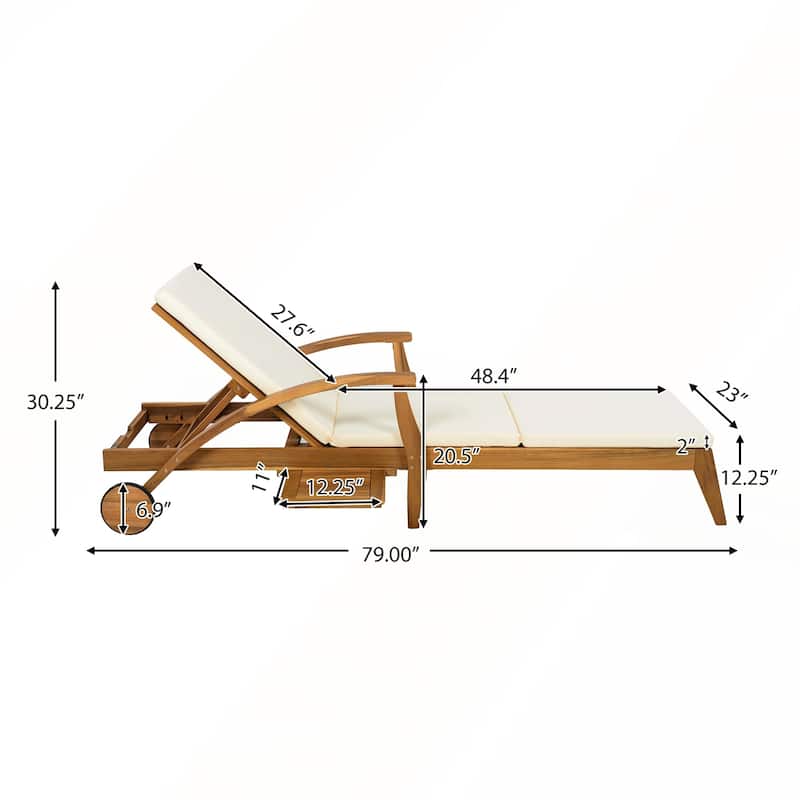 Acacia Wood Wheeled Chaise Lounge Adjustable Backrest Cushion